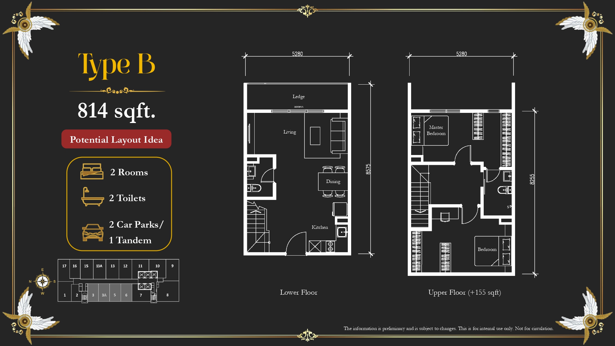 Type B duplex floor plan, 814 square feet